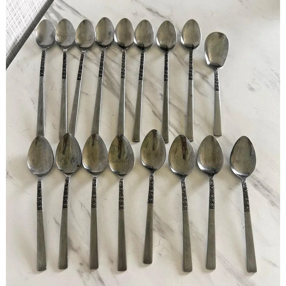 Vintage National Stainless Flatware Japan Spoons Lot of 17 Rose Serenade BxA‎
